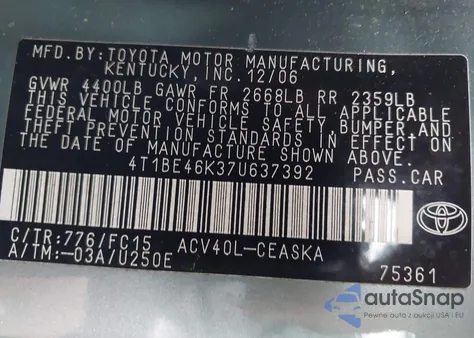 2007 Toyota Camry Se z USA, uszkodzony, nr VIN 4T1BE46K37U637392